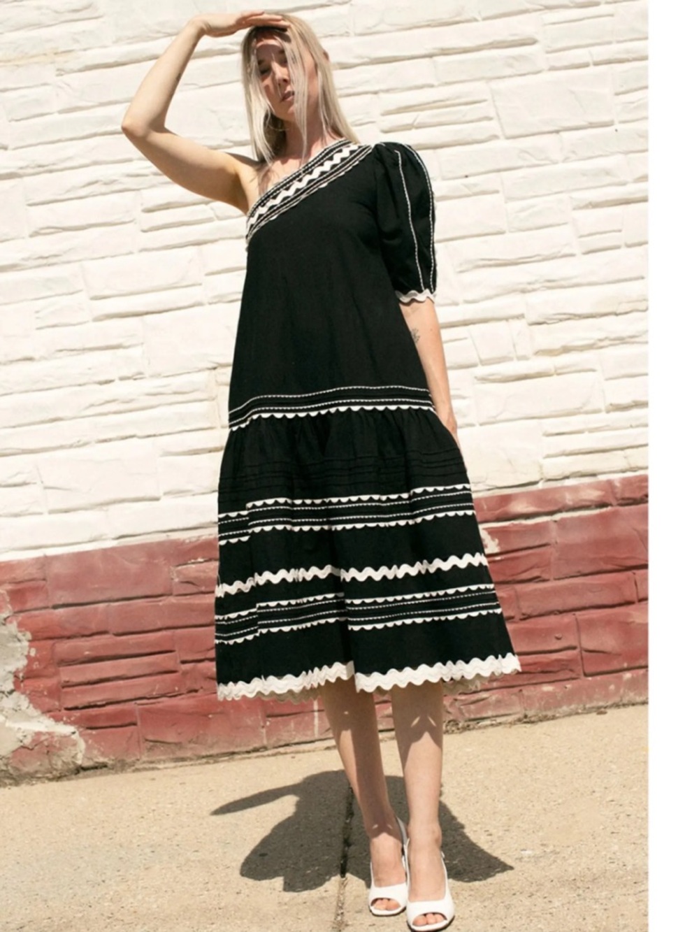 SEA Ryleigh RicRac One Shoulder Midi Dress